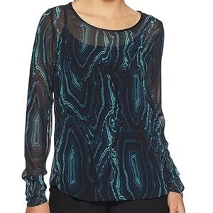 VERO‎ MODA blue crystals geode sheer long sleeve top blouse - size XL